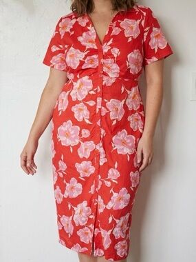 Old Navy Red Midi Dress with Pink Floral Print